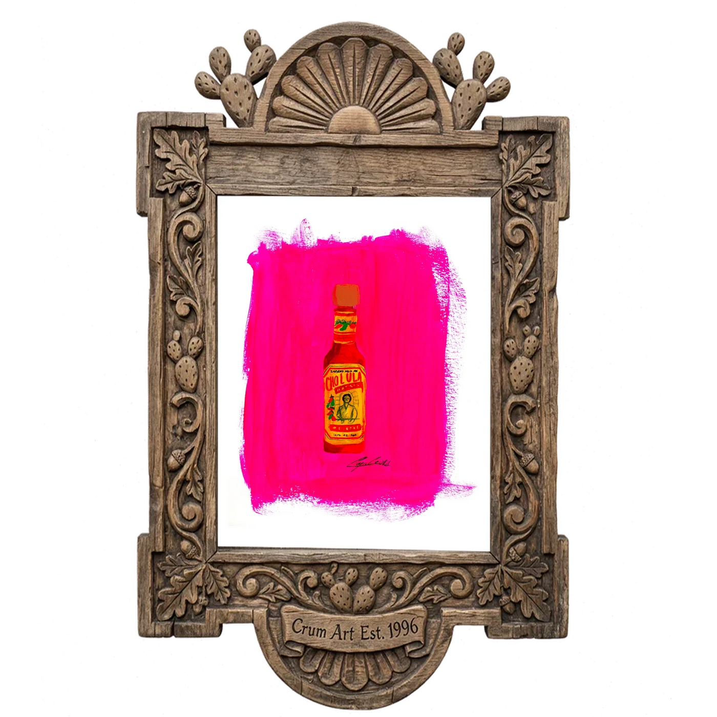 Cholula Hot Sauce — kitchen art print by Caya Crum in a carved wood frame