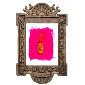 Cholula Hot Sauce — kitchen art print by Caya Crum in a carved wood frame