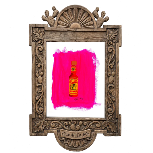 Cholula Hot Sauce — kitchen art print by Caya Crum in a carved wood frame