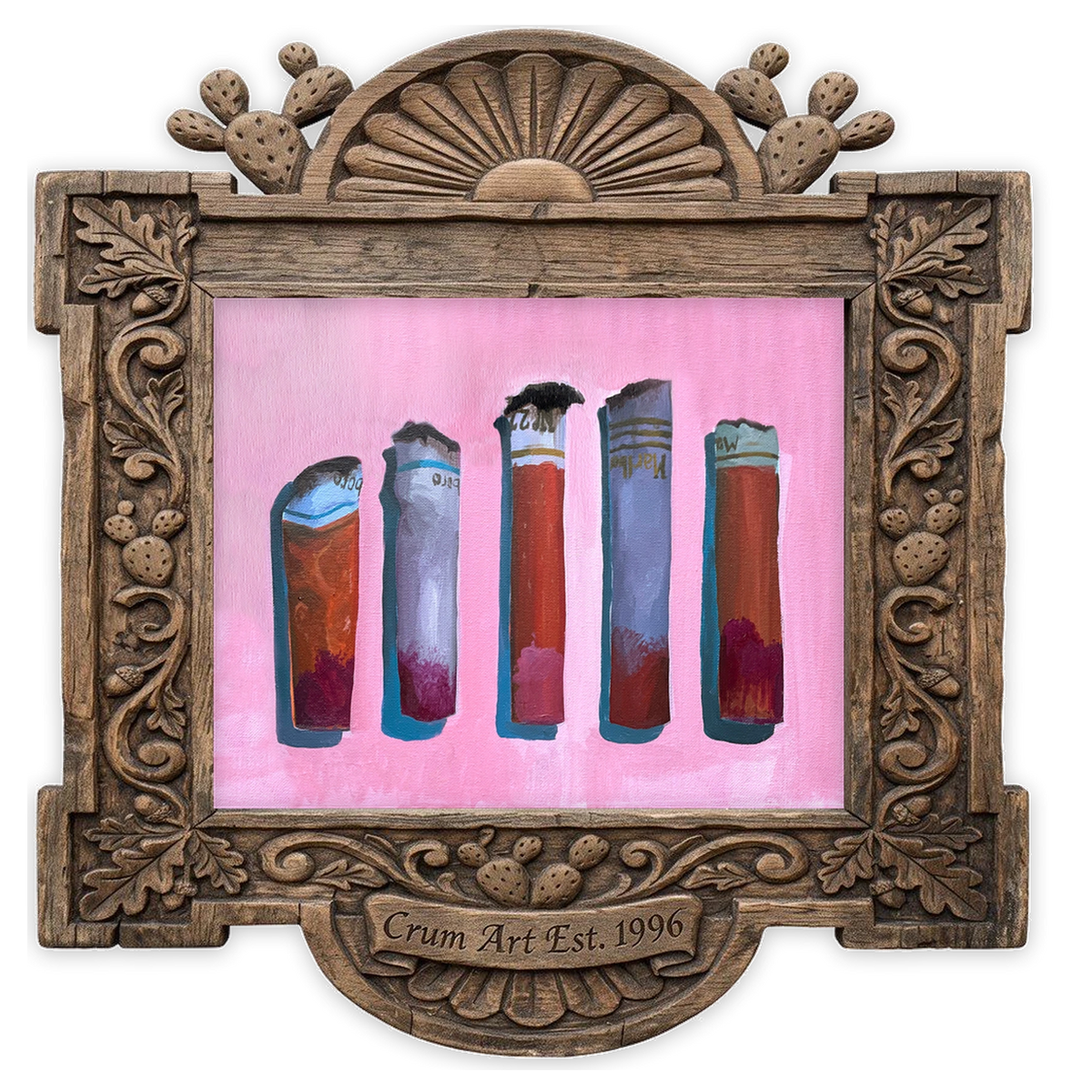 Cigarette Romance Pink — weirdcore art print by Caya Crum in a horizontal carved wood frame