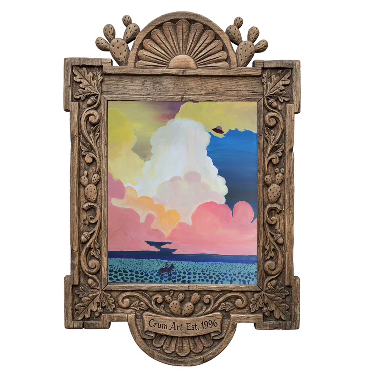 Cosmic Cowboy UFO Desert — cowboy art print by Caya Crum in a carved wood frame