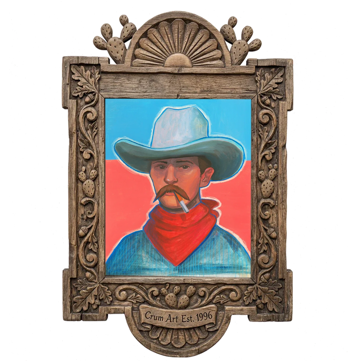 Red Headed Stranger — cowboy art print by Caya Crum in a carved wood frame