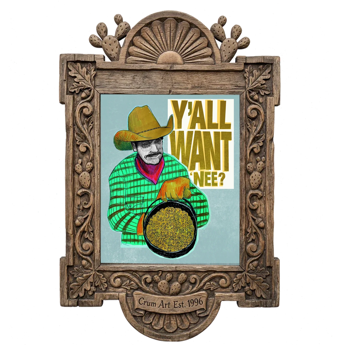 Cowboy Mac and Cheese — funny art print by Caya Crum in a carved wood frame