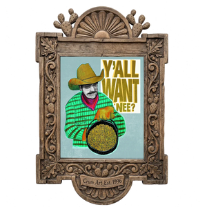 Cowboy Mac and Cheese — funny art print by Caya Crum in a carved wood frame