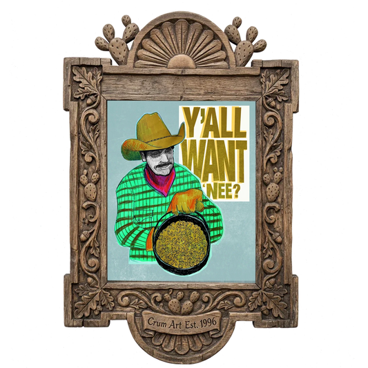 Cowboy Mac and Cheese — funny art print by Caya Crum in a carved wood frame
