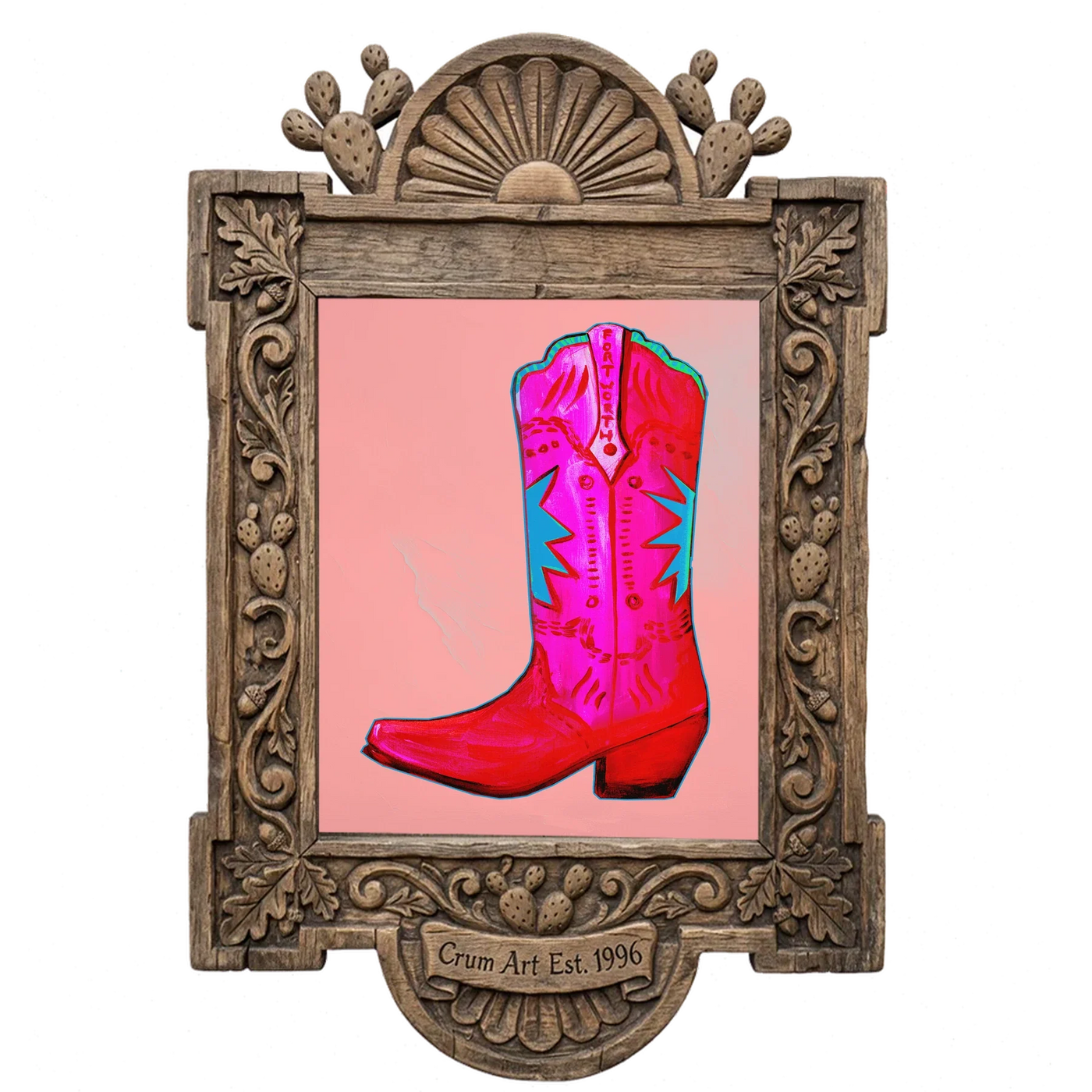 Fort Worth Pink Boot — cowboy boot art print by Caya Crum in a carved wood frame