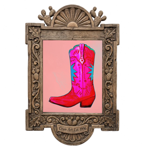 Fort Worth Pink Boot — cowboy boot art print by Caya Crum in a carved wood frame