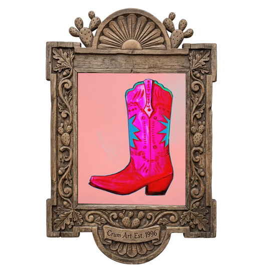 Fort Worth Pink Boot — cowboy boot art print by Caya Crum in a carved wood frame