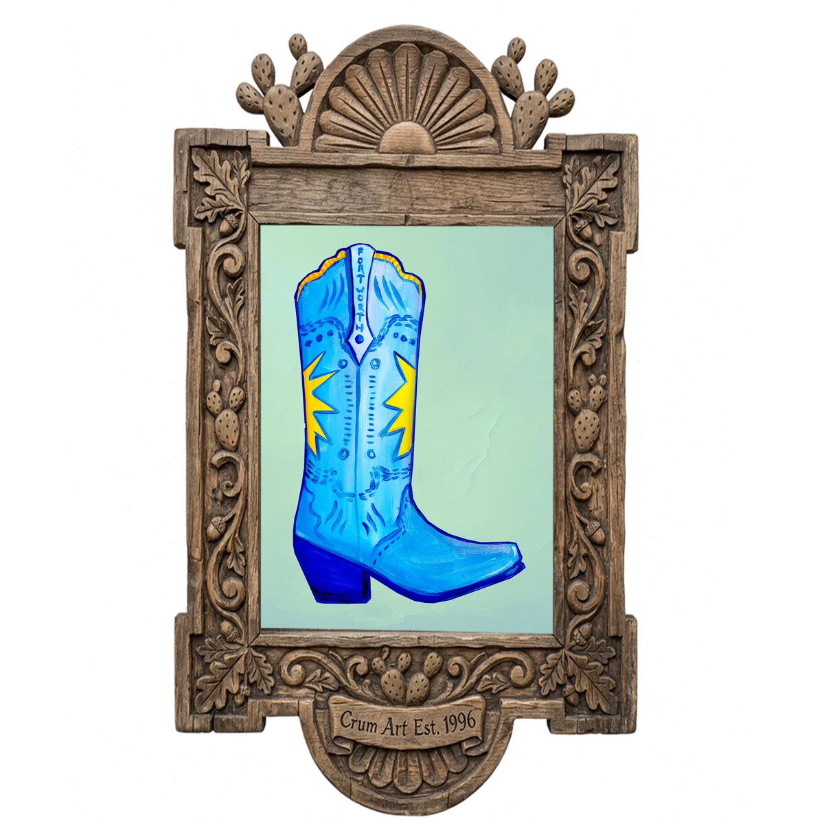 Fort Worth Boot Blue — cowboy boot art print by Caya Crum in a carved wood frame