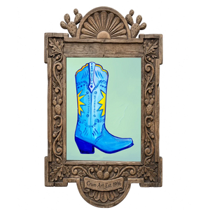 Fort Worth Boot Blue — cowboy boot art print by Caya Crum in a carved wood frame