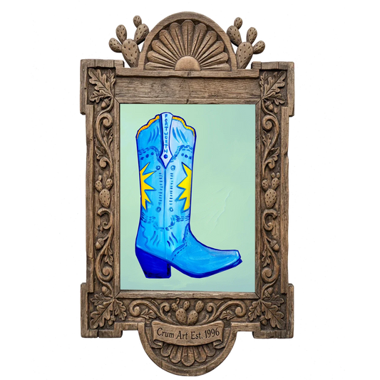 Fort Worth Boot Blue — cowboy boot art print by Caya Crum in a carved wood frame