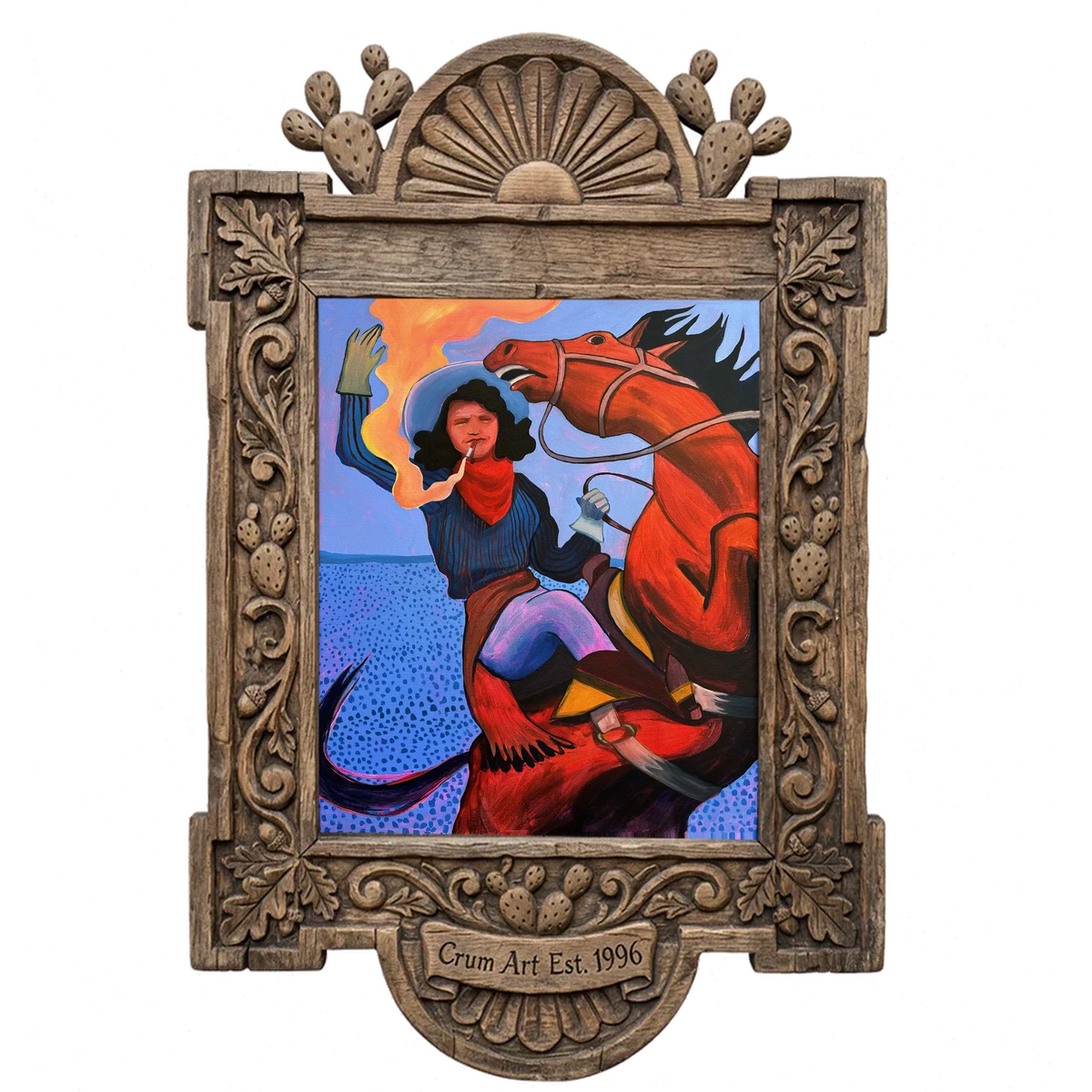 Mildred Bucking Horse — cowgirl art print by Caya Crum in a carved wood frame