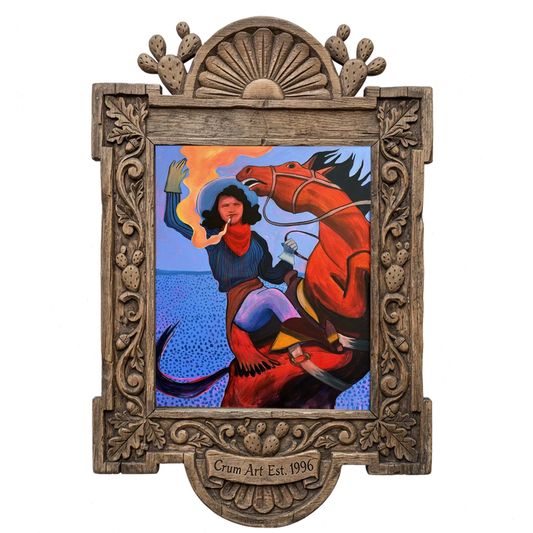 Mildred Bucking Horse — cowgirl art print by Caya Crum in a carved wood frame