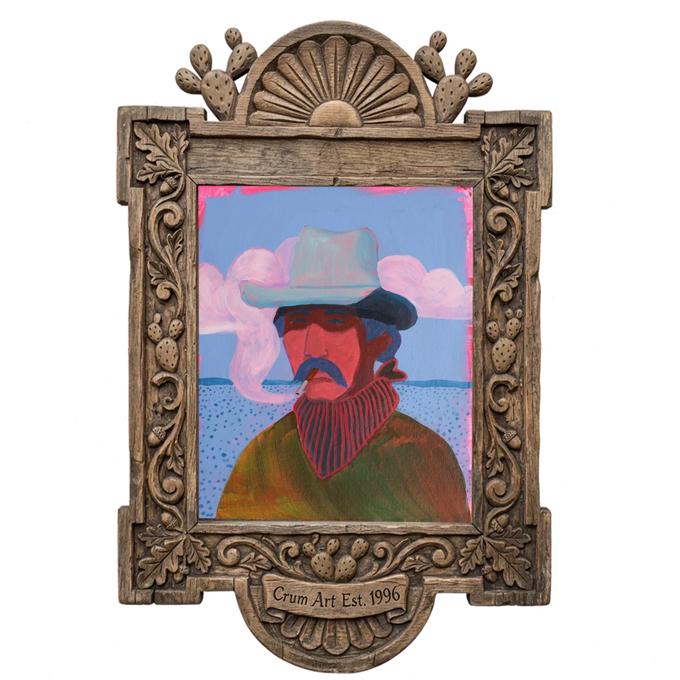 Sunburned Mustache Cowboy — art print in a carved wood frame, Crum Art