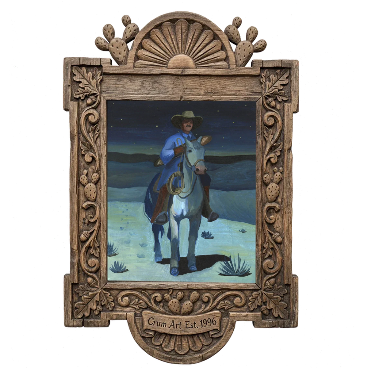 Cowboy with a Baguette at Night — cowboy art print by Caya Crum in a carved wood frame