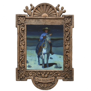 Cowboy with a Baguette at Night — cowboy art print by Caya Crum in a carved wood frame