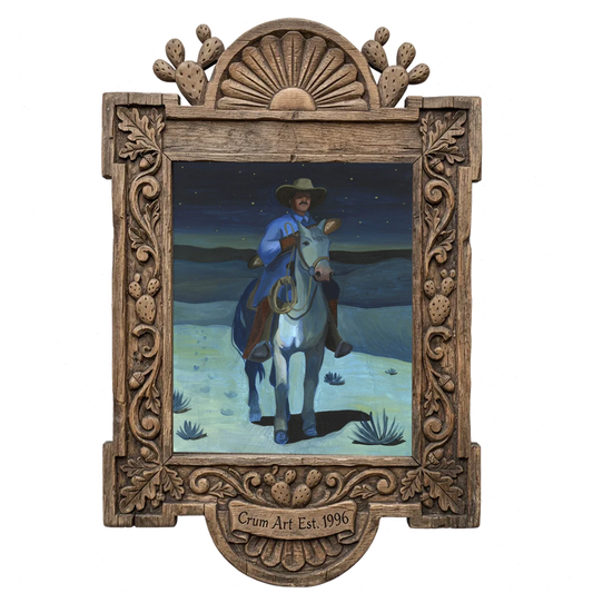 Cowboy with a Baguette at Night — cowboy art print by Caya Crum in a carved wood frame