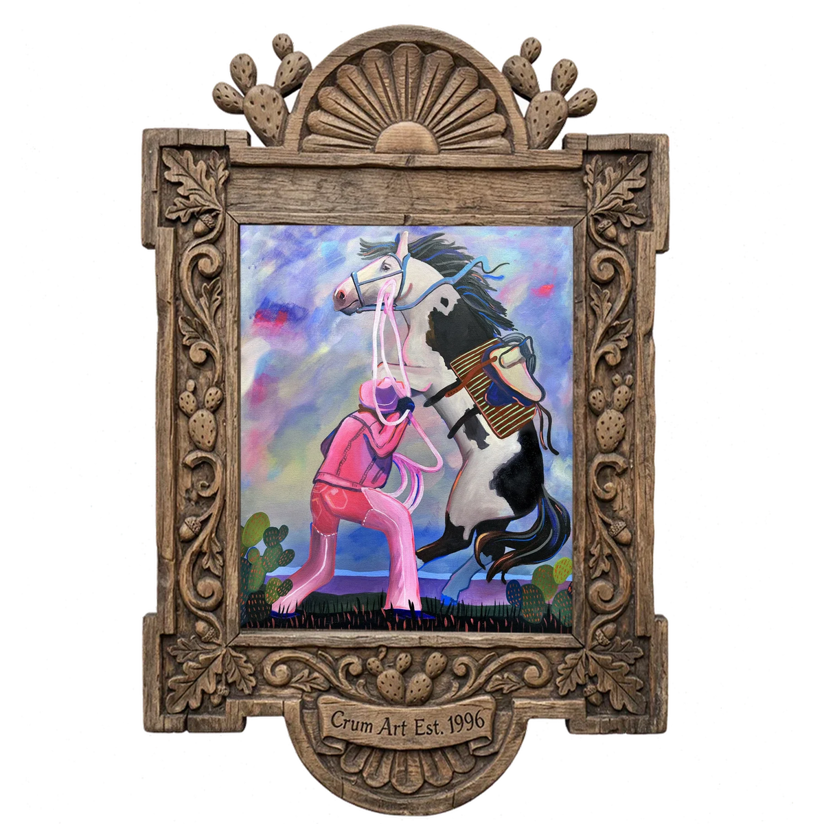 Martha — cowgirl art print by Caya Crum in a carved wood frame