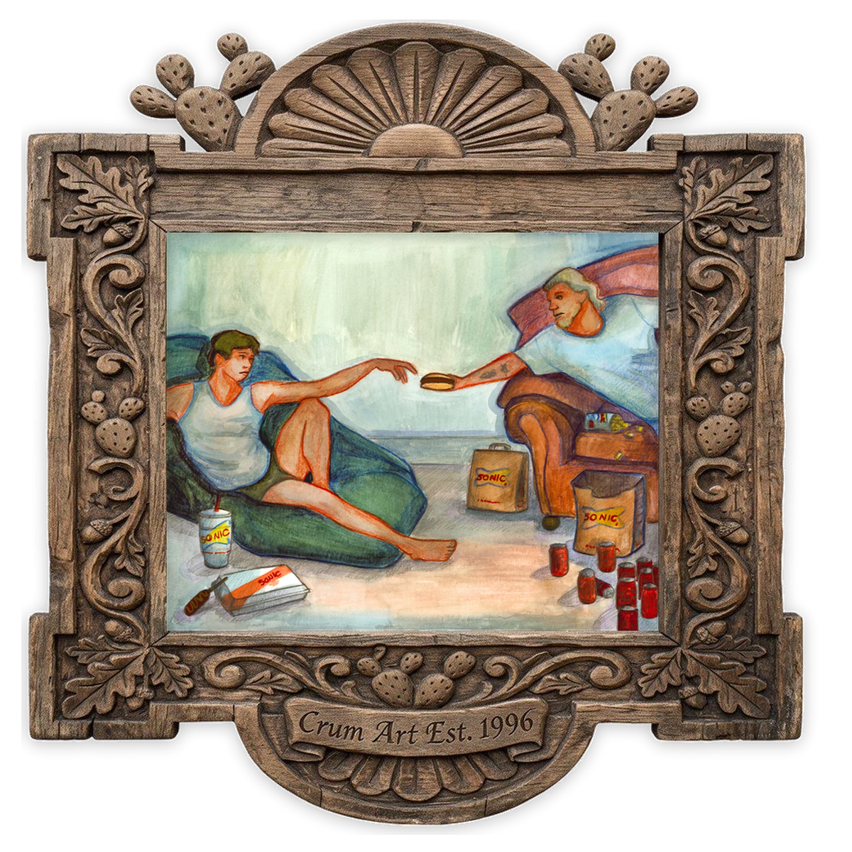 Creation of Sonic — weirdcore art print by Caya Crum in a horizontal carved wood frame