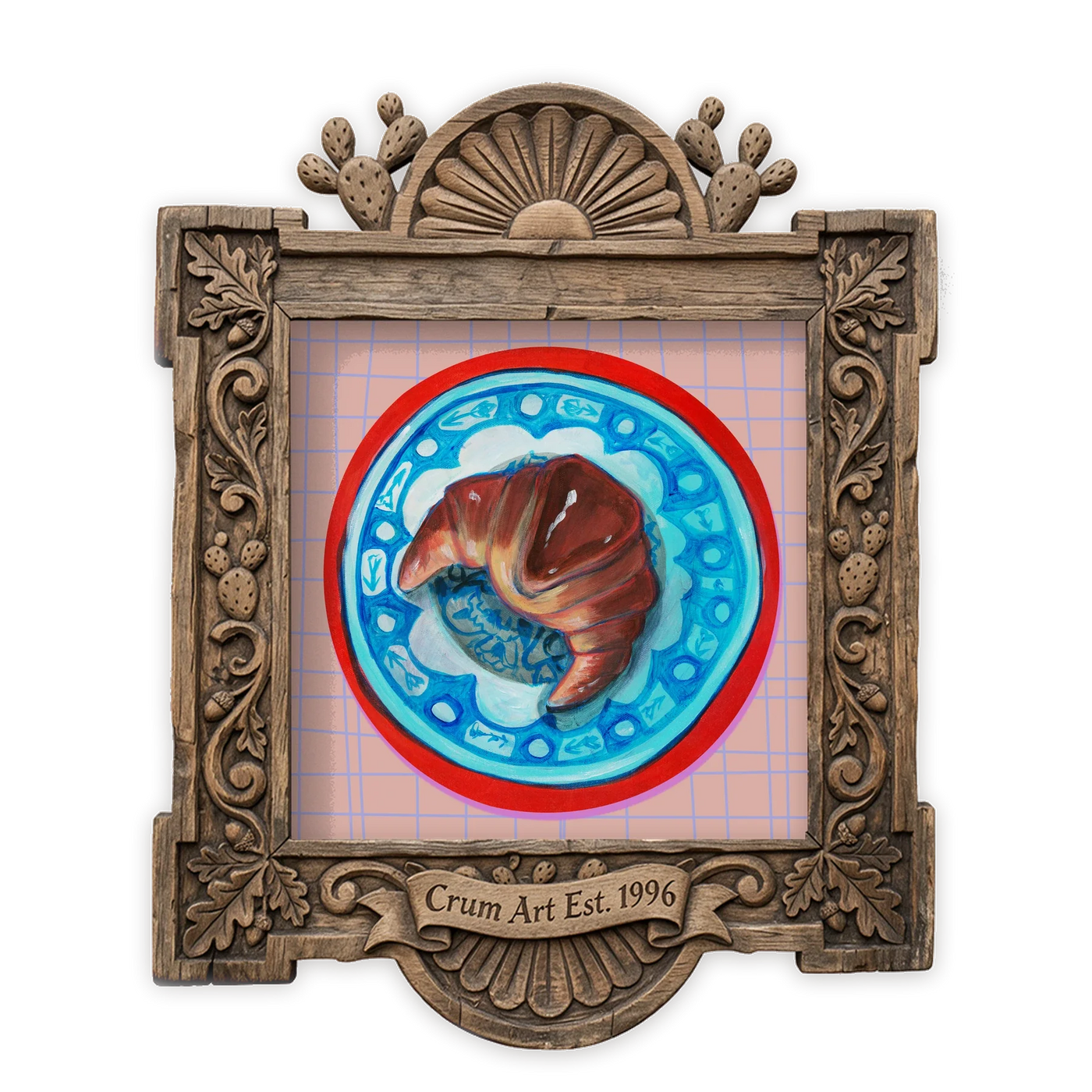 Croissant on a Chinoiserie Plate — kitchen art print by Caya Crum in a square carved wood frame