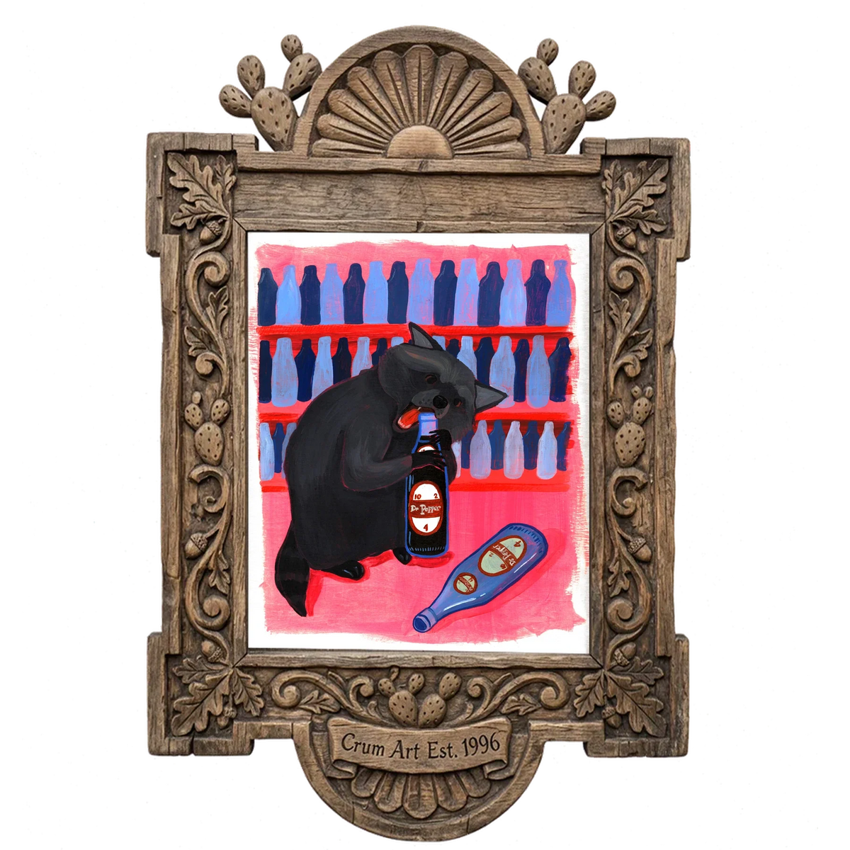 Neon Raccoon — Dr Pepper art print by Caya Crum in a carved wood frame