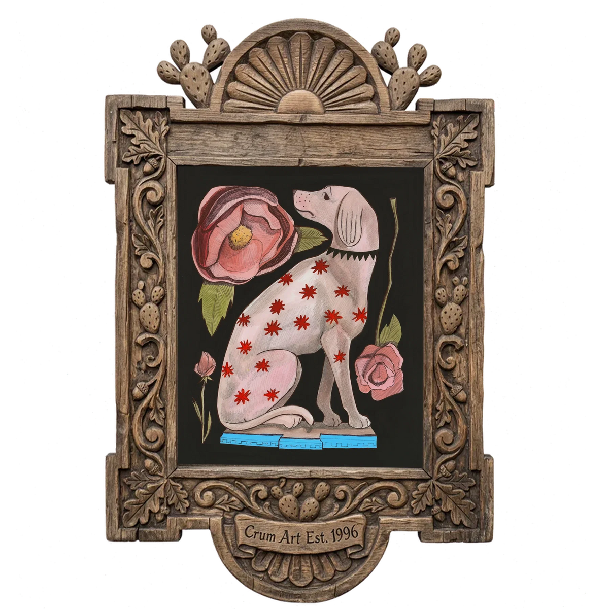 Greyhound With Roses — dog art print by Caya Crum in a carved wood frame