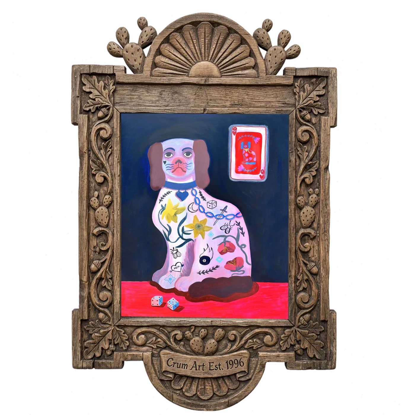 Dice Playing Card Dog — dog art print by Caya Crum in a carved wood frame
