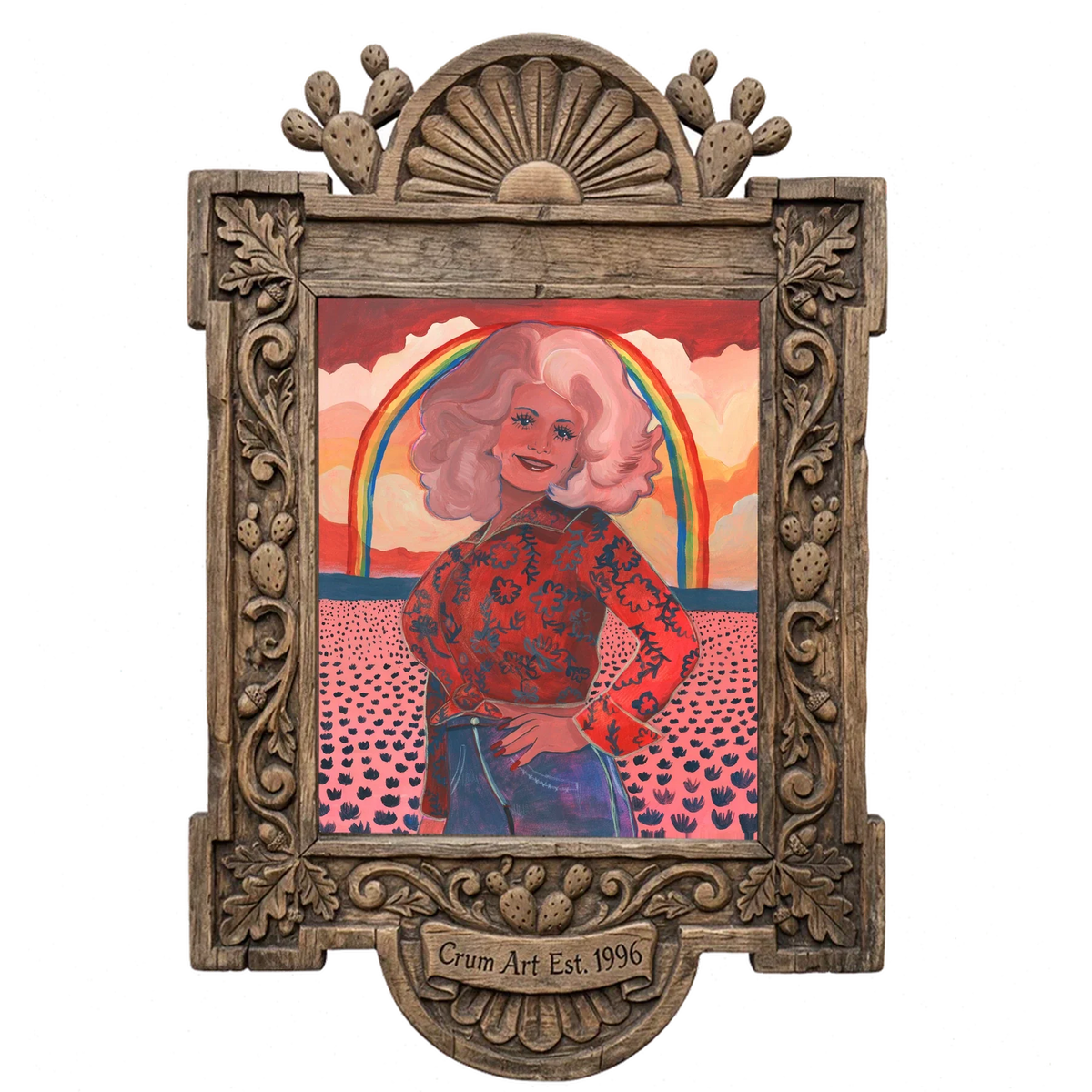 Dolly Parton Rainbow — music wall art print by Caya Crum in a carved wood frame