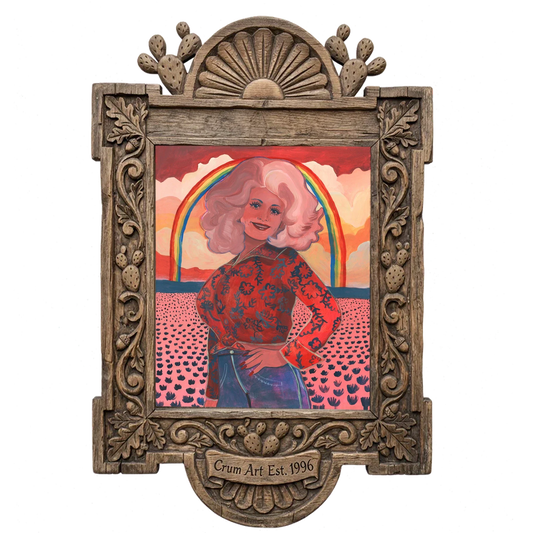 Dolly Parton Rainbow — music wall art print by Caya Crum in a carved wood frame