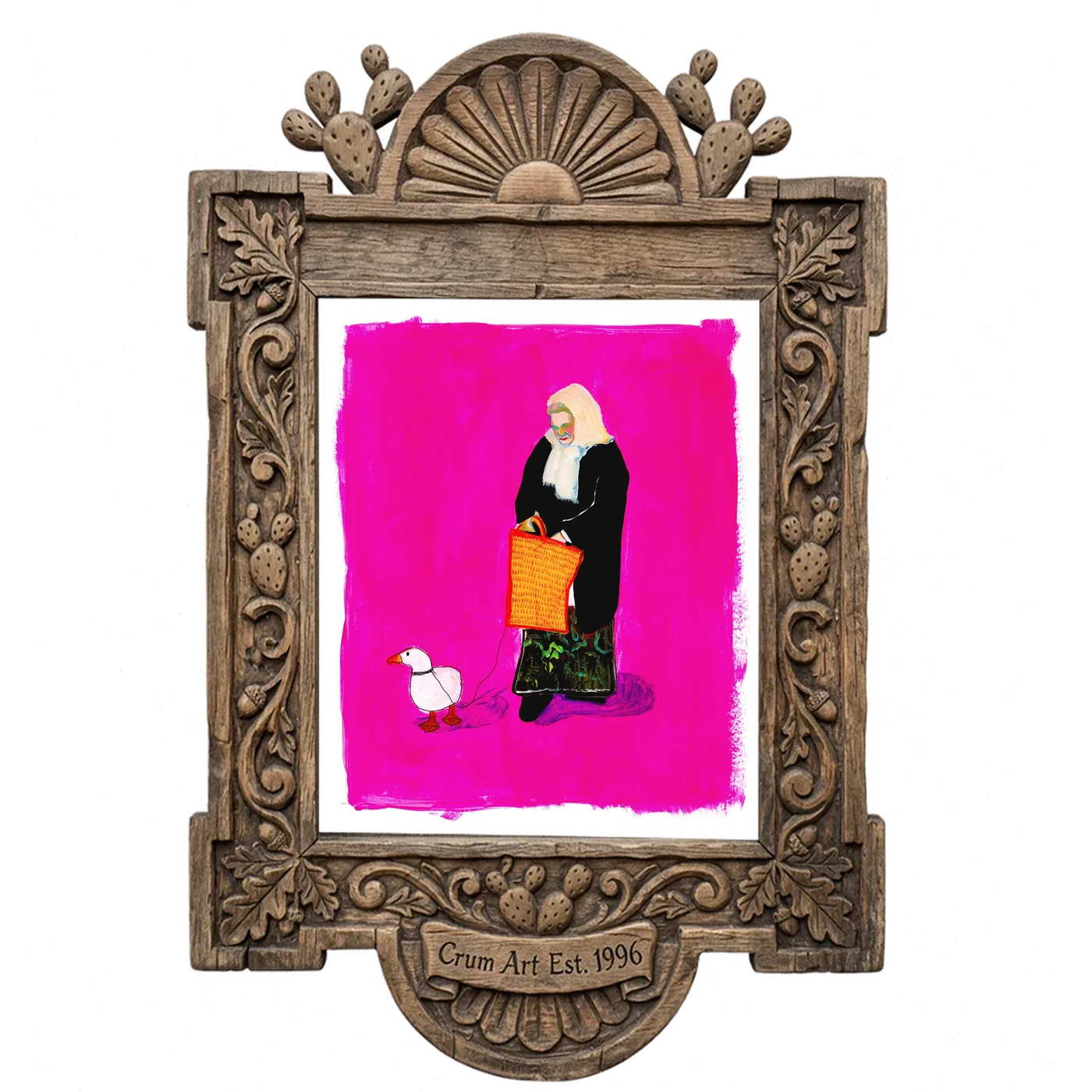 Duck Lady — weirdcore art print by Caya Crum in a carved wood frame