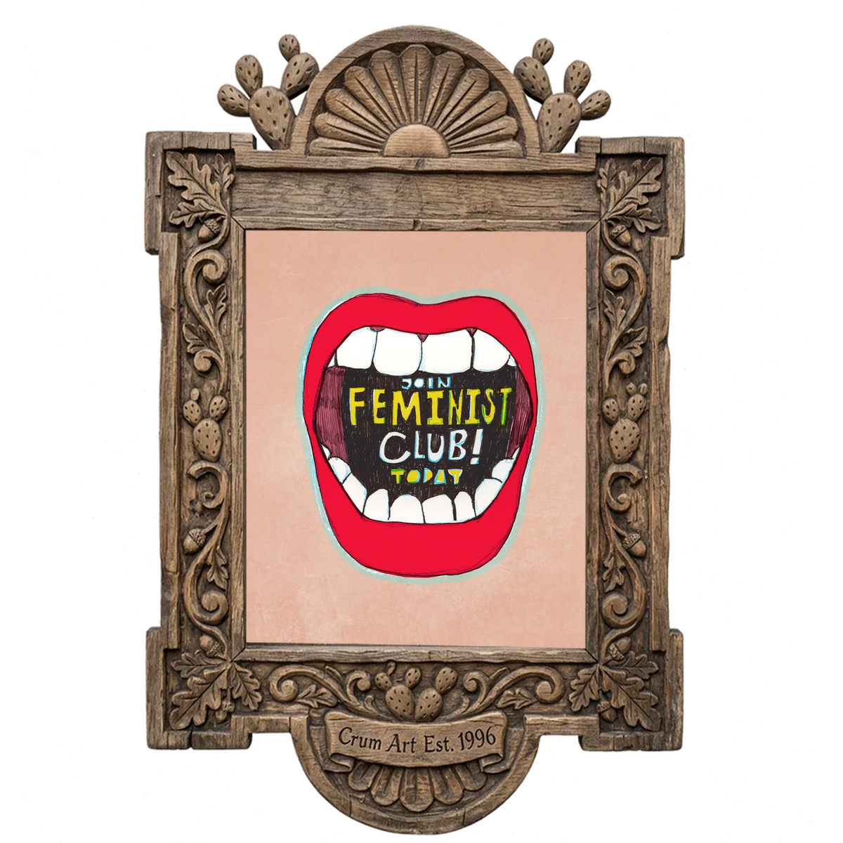Feminist Club Poster — feminist art print by Caya Crum in a carved wood frame