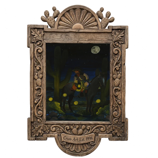 Fire Flies Cowboy at Night — cowboy art print by Caya Crum in a carved wood frame