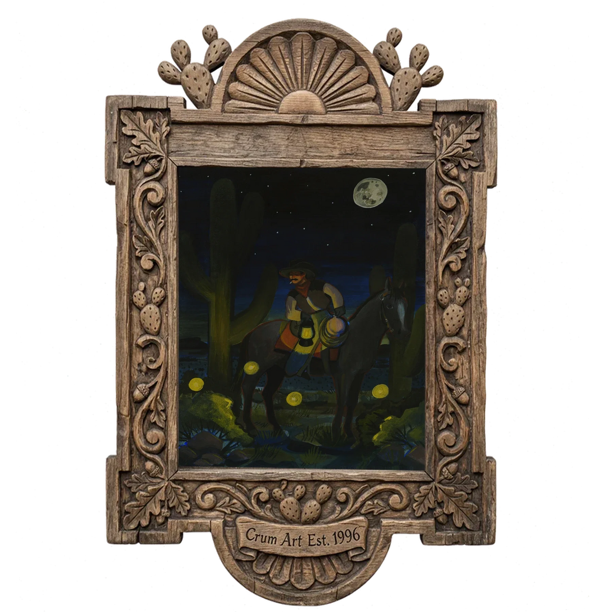 Cosmic Saguaro Cowboy & His Horse — cowboy art print by Caya Crum in a carved wood frame