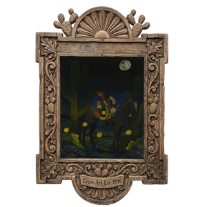 Cosmic Saguaro Cowboy & His Horse — cowboy art print by Caya Crum in a carved wood frame