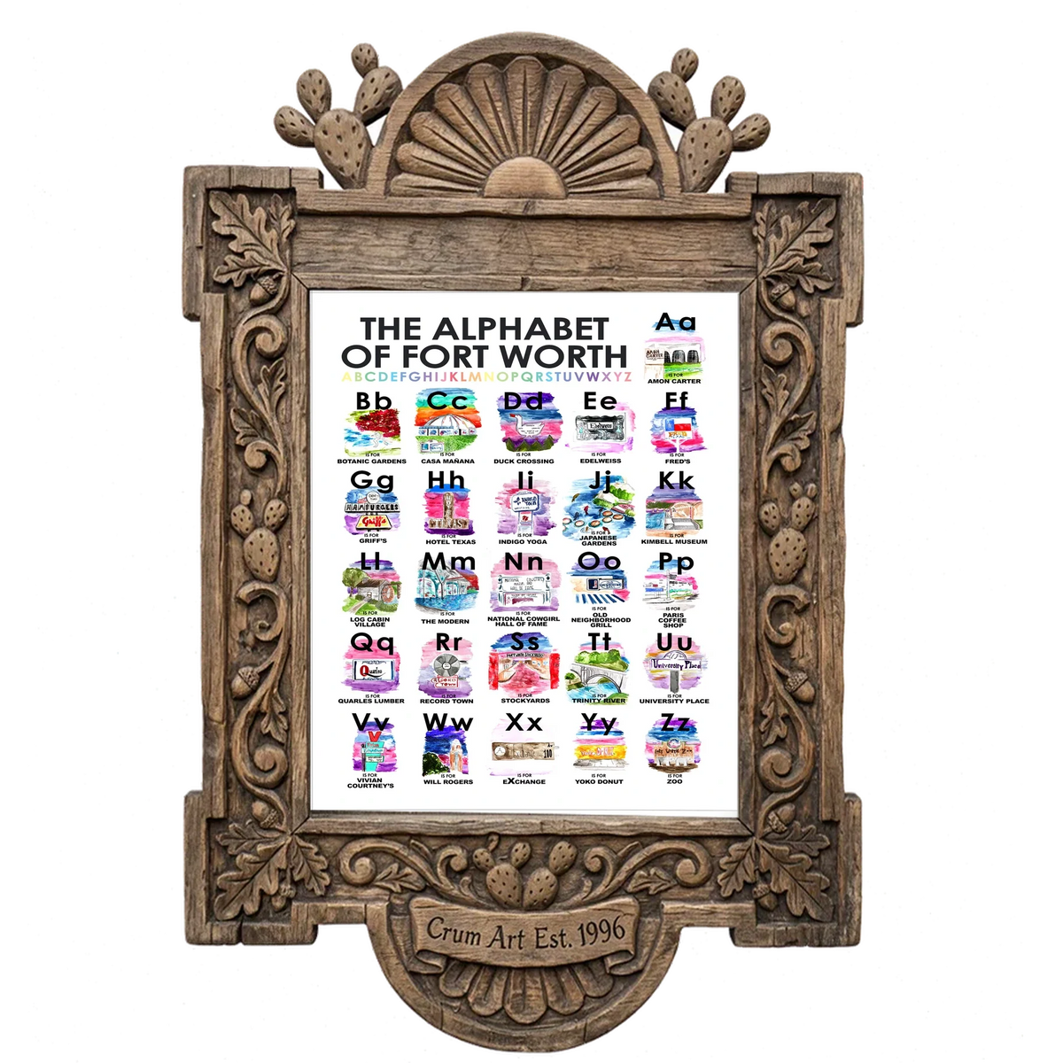 Alphabet of Fort Worth — Fort Worth art print by Caya Crum in a carved wood frame