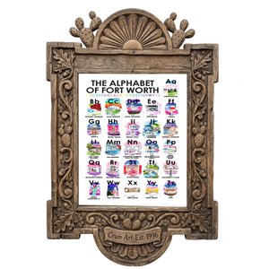 Alphabet of Fort Worth — Fort Worth art print by Caya Crum in a carved wood frame