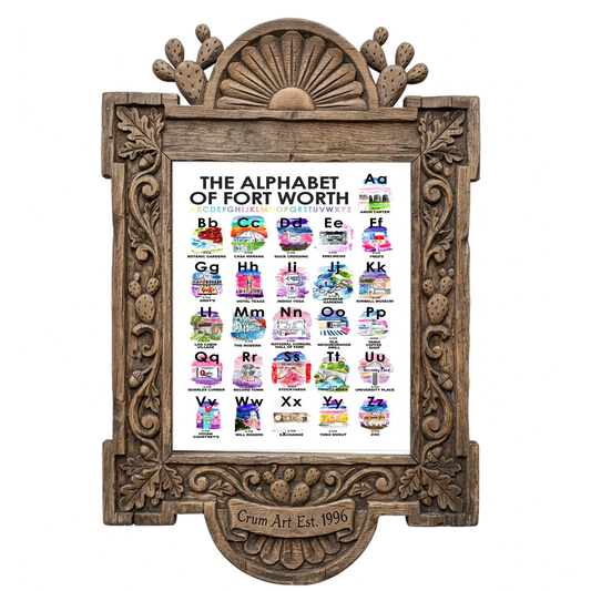 Alphabet of Fort Worth — Fort Worth art print by Caya Crum in a carved wood frame