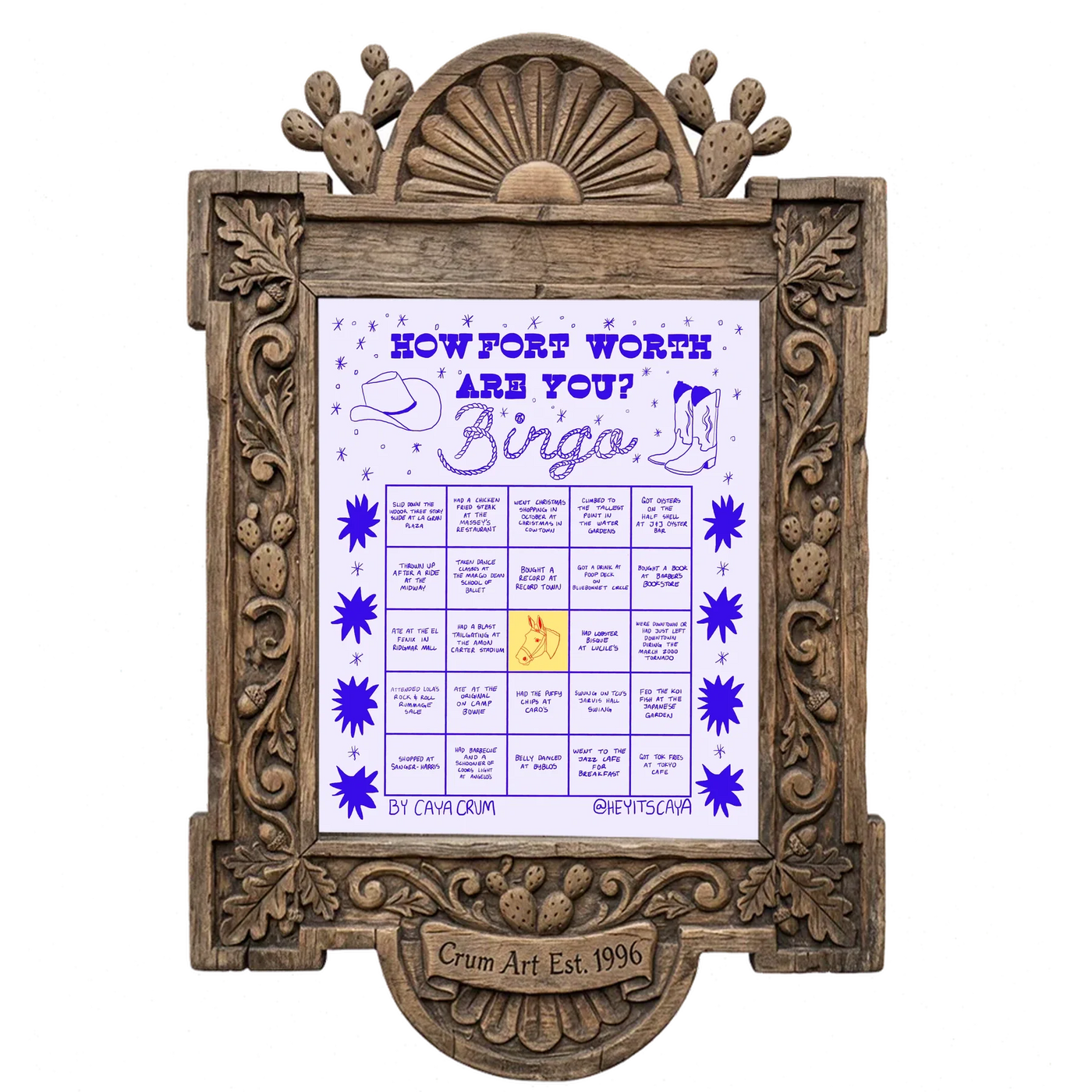 Bingo Card Blue — Fort Worth art print by Caya Crum in a carved wood frame