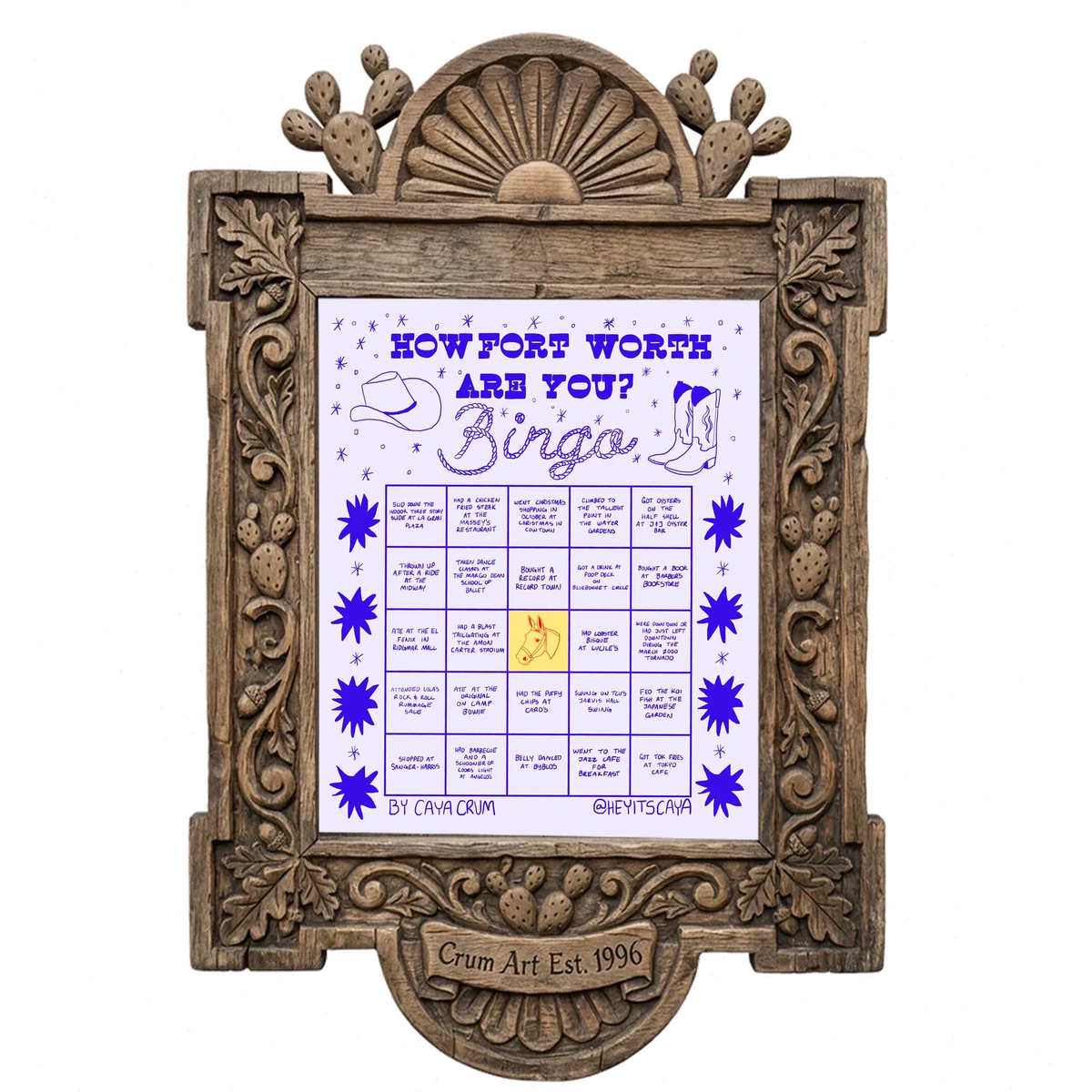 Bingo Card Purple — Fort Worth art print by Caya Crum in a carved wood frame