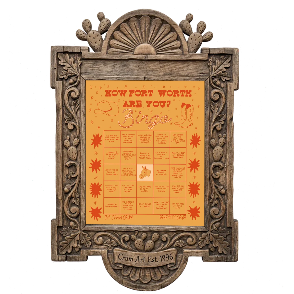 Bingo Card Orange — Fort Worth art print by Caya Crum in a carved wood frame