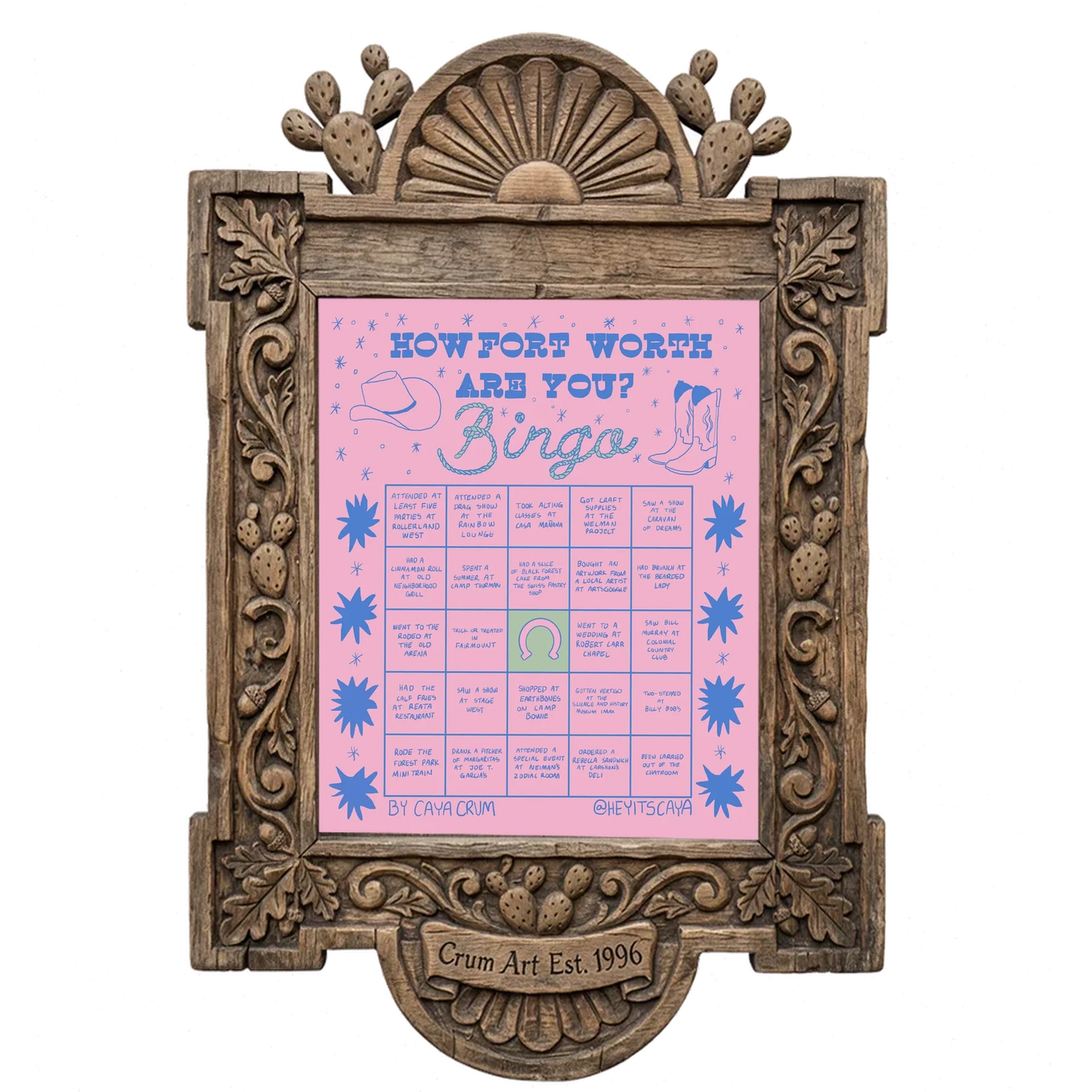 Bingo Card Pink — Fort Worth art print by Caya Crum in a carved wood frame