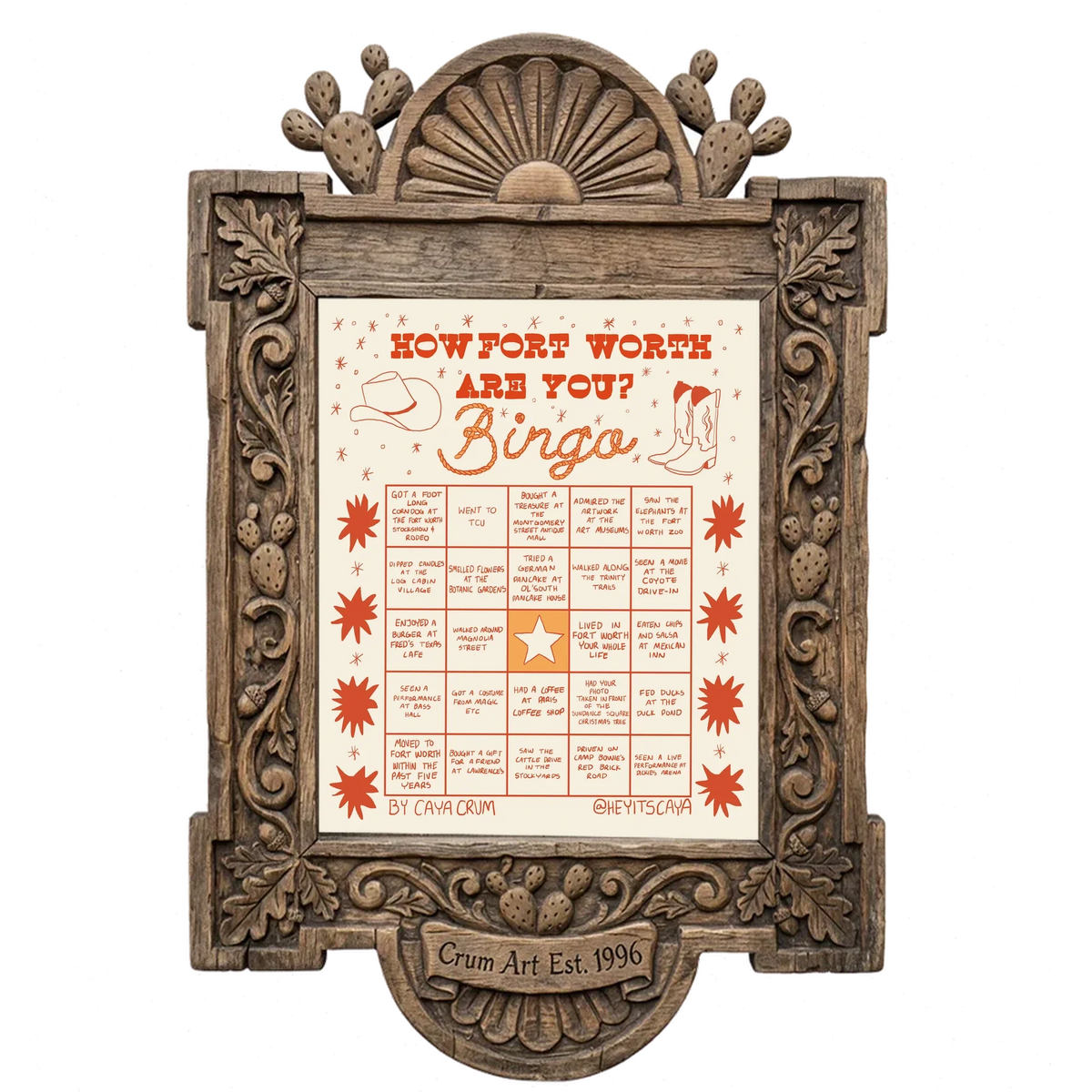 Bingo Card Yellow — Fort Worth art print by Caya Crum in a carved wood frame