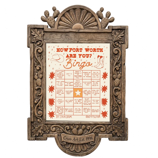 Bingo Card Yellow — Fort Worth art print by Caya Crum in a carved wood frame