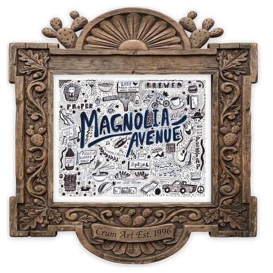 Magnolia Avenue — Fort Worth art print by Caya Crum in a horizontal carved wood frame