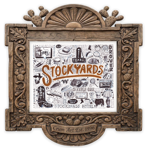 Stockyards Pen & Ink — Fort Worth art print by Caya Crum in a horizontal carved wood frame