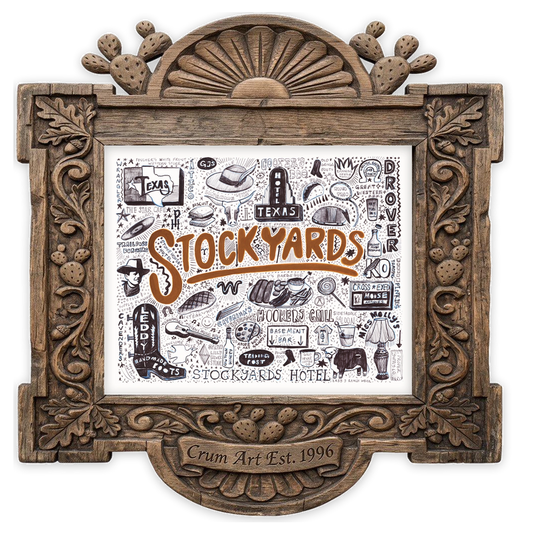Stockyards Pen & Ink — Fort Worth art print by Caya Crum in a horizontal carved wood frame