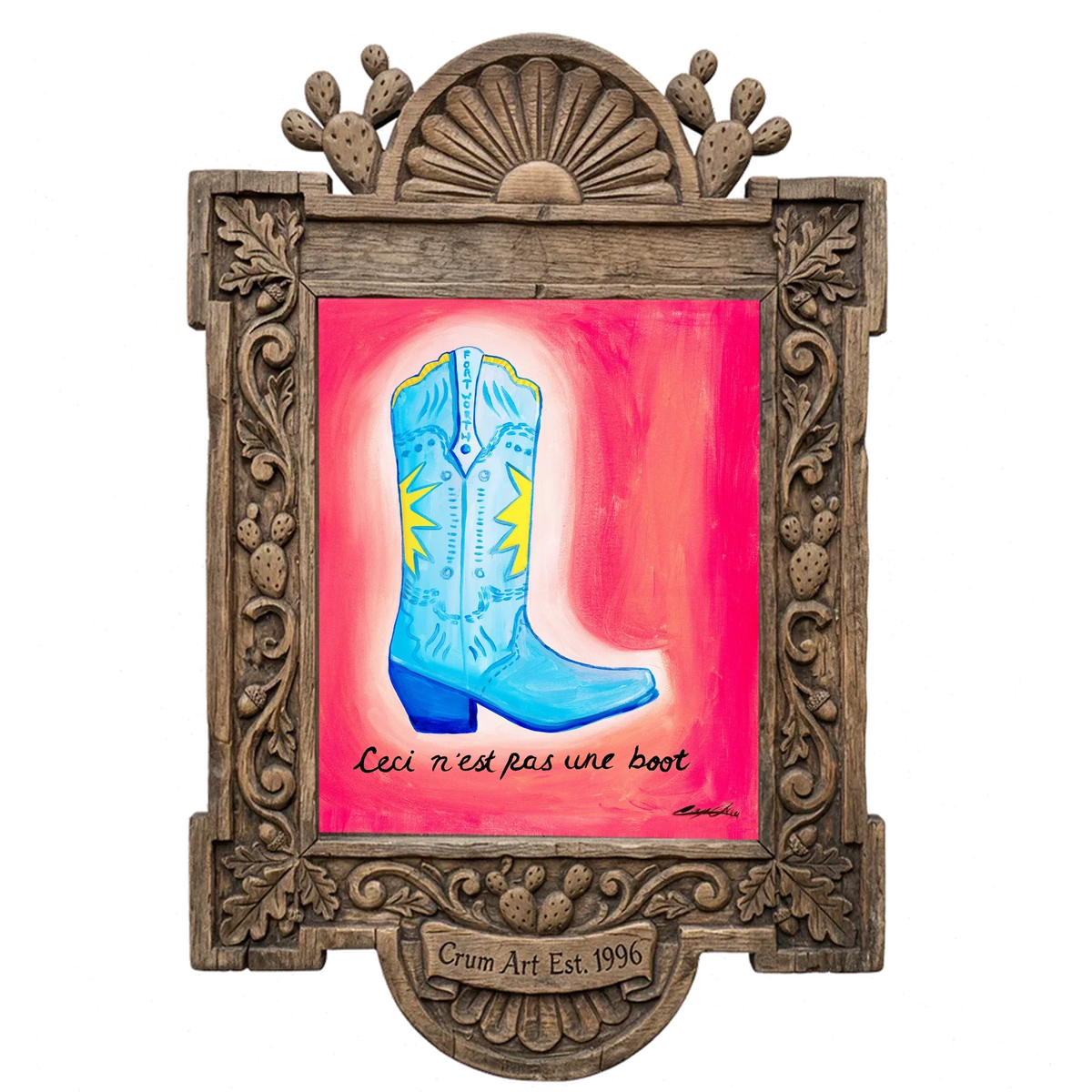Ceci n'est pas une Boot — western art print by Caya Crum in a carved wood frame
