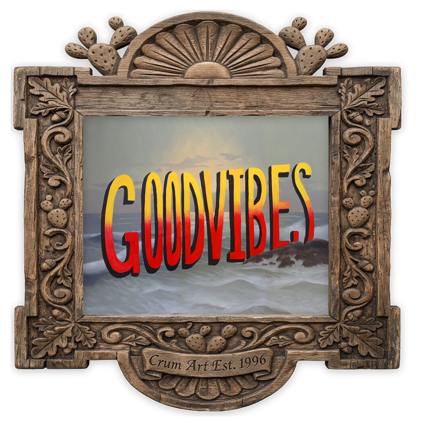Good Vibes — funny art print by Caya Crum in a horizontal carved wood frame