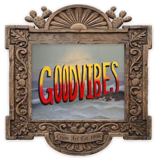Good Vibes — funny art print by Caya Crum in a horizontal carved wood frame