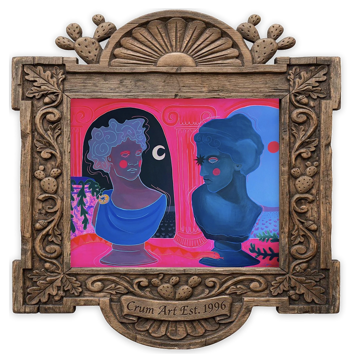 Greco Roman Hot Pink Busts — pink wall art print by Caya Crum in a horizontal carved wood frame